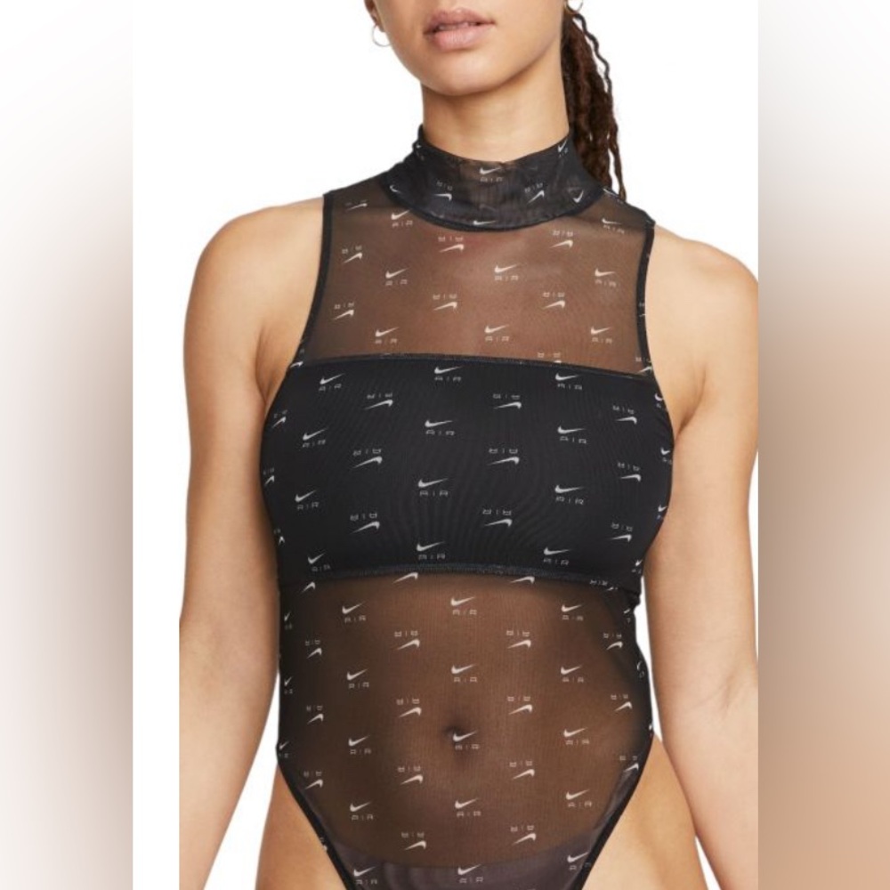 Nike Air Printed Mock Neck Mesh Bodysuit Black M NWT